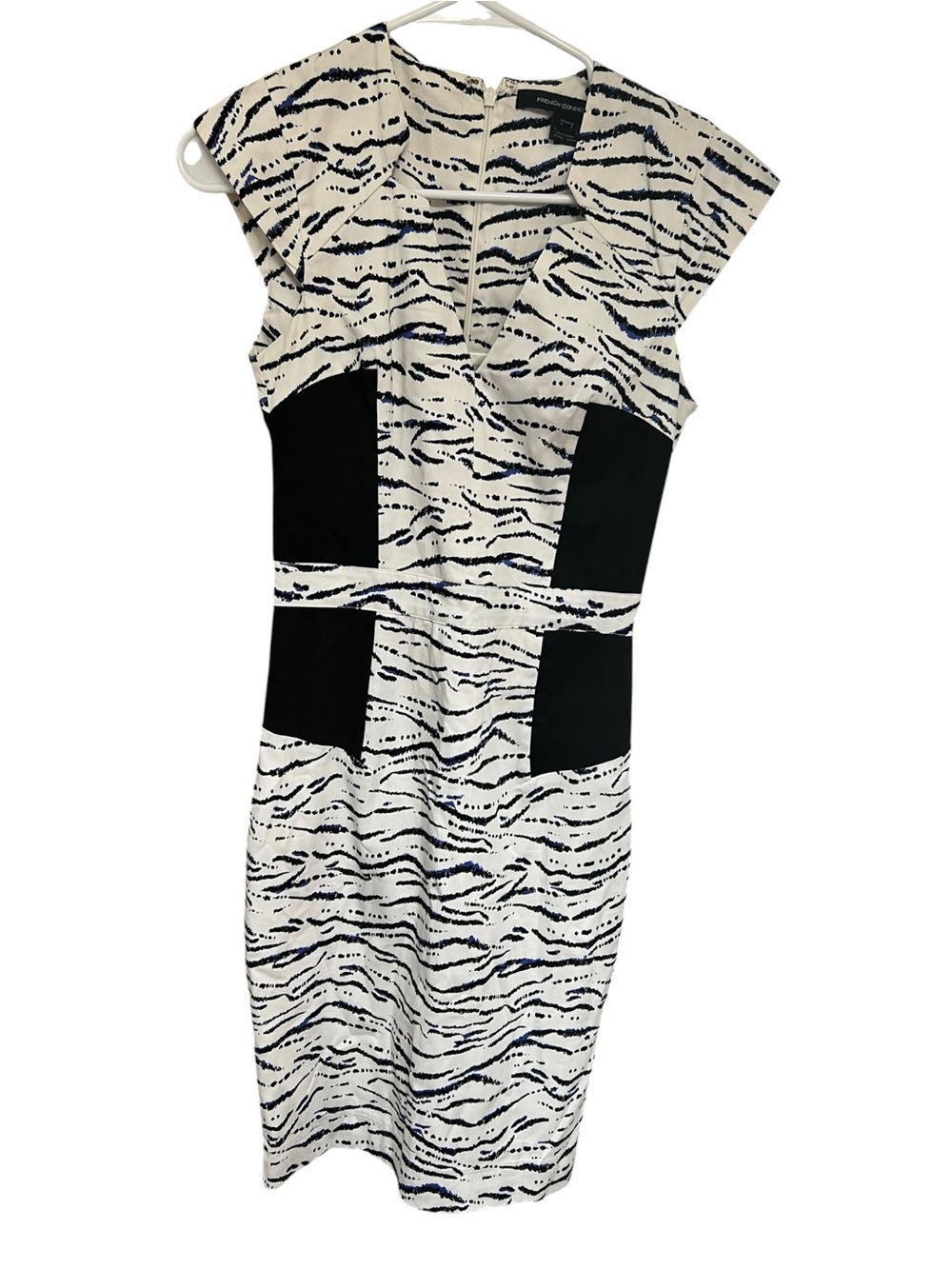 French Connection White & Black Patterned Midi Sheath Dress